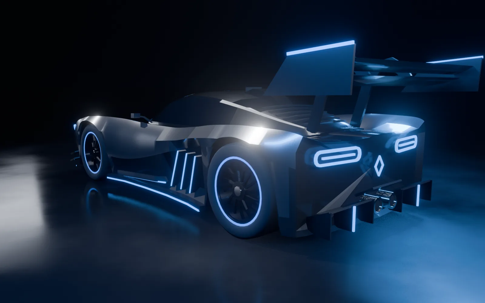 Traseira do Hypercar com a asa de suporte pescoço de cisne e lanternas azuis
