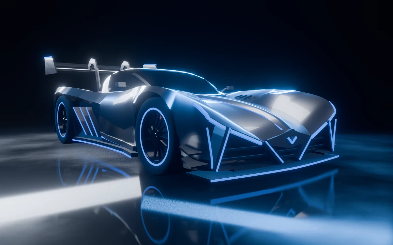 Hypercar preto com frente em V e LEDs azuis
